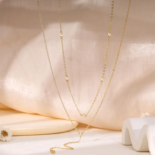 Layered Necklaces for Women,Dainty 14K Gold Plated Long Lariat Necklace Stack Simple Chain Pendant Necklace Fashion Accessories Long Necklaces for Women Trendy Gold Jewelry - color: Double CZ