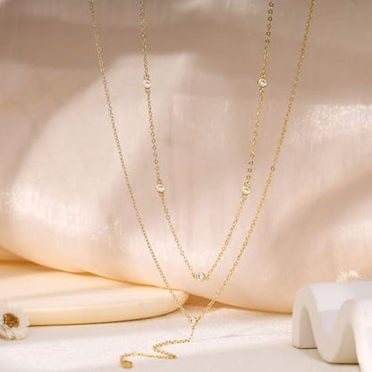 Layered Necklaces for Women,Dainty 14K Gold Plated Long Lariat Necklace Stack Simple Chain Pendant Necklace Fashion Accessories Long Necklaces for Women Trendy Gold Jewelry - color: Double CZ
