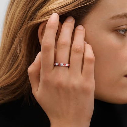 3.5mm Stackable Rings S925 Sterling Silver Created Birthstone & Cubic Zirconia Ring for Women Wedding Bands Anniversary Birthday Jewelry Size 6 to 10(with Box) - color: 01-Created Garnet & CZ-Jan