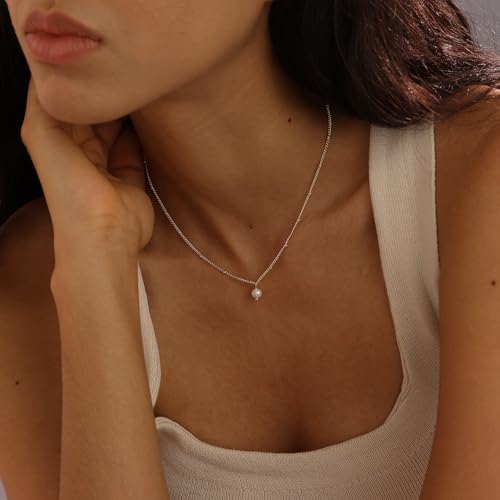 Pearl Necklaces for Women, Dainty Gold Necklace 14K Gold Plated Charm CZ Pearl Pendant Necklace Simple Gold Pearl Choker Necklaces for Women Trendy Wedding Womens Jewelry - color: satellite pearl necklace-gold