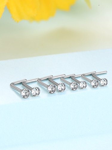 Mudder 20 Pieces Curved Nose Stud Stainless Steel Nose Ring Crystals L Bend Nose Screw Piercing, 20 Gauge - color: White