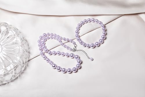 Faux Pearl Jewelry Set for Women, 3 Piece Necklace Bracelet Earrings | Glass Material, Adjustable Comfortable Fit, Party & Prom Accessory - style: Purple 16 inches