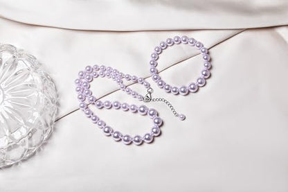 Faux Pearl Jewelry Set for Women, 3 Piece Necklace Bracelet Earrings | Glass Material, Adjustable Comfortable Fit, Party & Prom Accessory - style: Purple 18 inches
