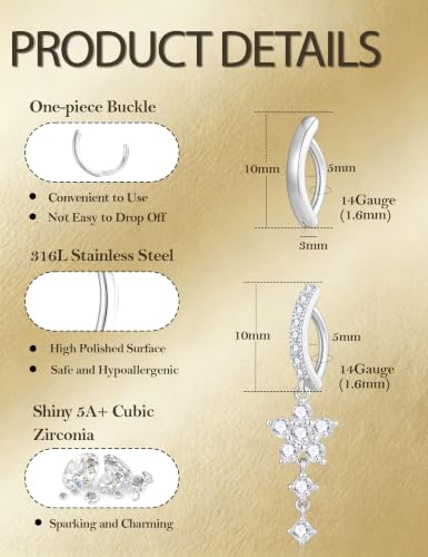 Apsvo 2Pcs Belly Button Ring for Women Surgical Steel CZ Clicker Belly Rings Hoop Teardrop Heart Dangle Belly Button Piercing Simple Reverse Navel Piercing Jewelry 14G - color: Silver-Flower