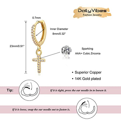 DAILY VIBES Cute Gold Mini Dangle Huggie Hoop Earrings for Women Trendy | 14K Gold Plated, Dainty Cubic Zirconia, Small Hoop Earrings with Charm Drop, Jewelry Gift for Women Ladies - color: Cross CZ