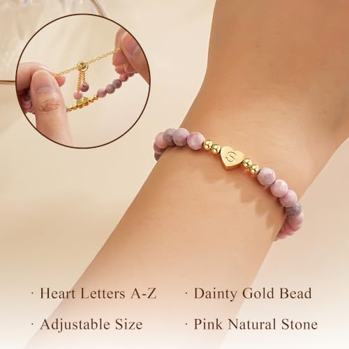 Ritach Initial Bracelets for Girls Kids - Pink Zebra Natural Stone Disc/Heart Initial Bracelet Adjustable Gold/Silver Beaded Bracelets for Girls Kids Teen Girl Jewelry Birthday Gifts - color: D-Heart