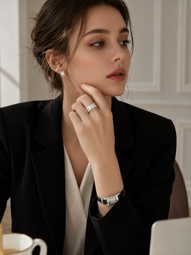 Heavy Solid 925 Sterling Silver, Band Ring for Women, Adjustable (Sizes 6–9) Open, weight 3.7g, Statement Ring with Dual Micro-Pave Stones - color: Silver