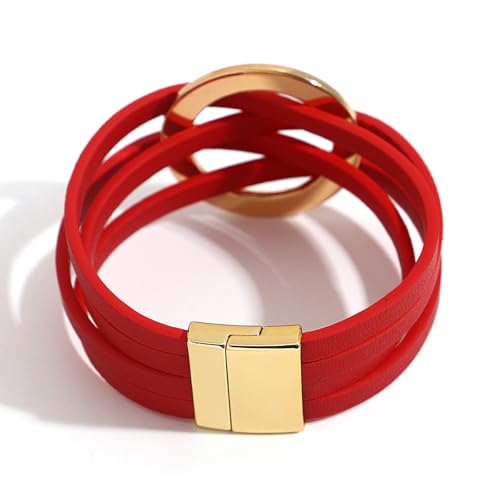 hotoo Circle Charm Bracelets for Women Handmade Leather Wrap Bracelets for Couples Friendship Bracelet Bohemian Cuff Bangle Boho Jewelry Gift - color: New Red