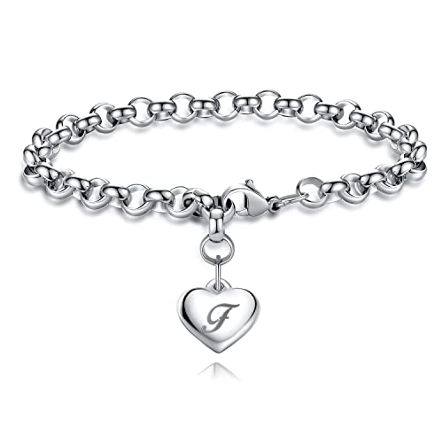 TONY & SANDY Initial Charm Bracelets for Girls Women Stainless Steel A-Z Bracelet Personalized Gifts Birthday Graduation Easter Basket Stocking Stuffers for Teens Girls Women Jewelry - style: F - Heart