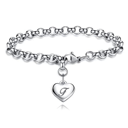 TONY & SANDY Initial Charm Bracelets for Girls Women Stainless Steel A-Z Bracelet Personalized Gifts Birthday Graduation Easter Basket Stocking Stuffers for Teens Girls Women Jewelry - style: F - Heart