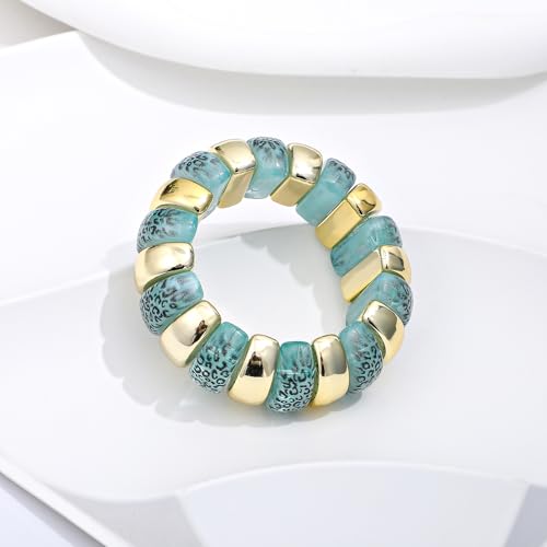 GOOJIDS Simple Beaded Gold Plated Bangles Bracelet Chunky Bamboo Tube Curved Stacking Clear Acrylic Colorful Beads Stretchable Gold Plated Bracelets Set For Women - color: B-Gold&Green Leopard