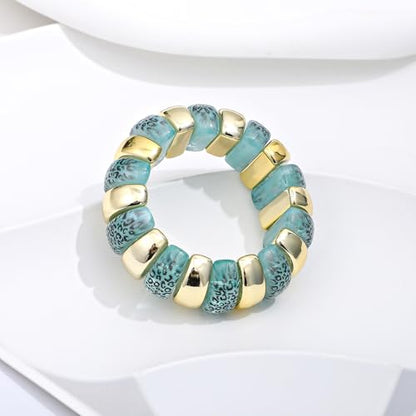 GOOJIDS Simple Beaded Gold Plated Bangles Bracelet Chunky Bamboo Tube Curved Stacking Clear Acrylic Colorful Beads Stretchable Gold Plated Bracelets Set For Women - color: B-Gold&Green Leopard
