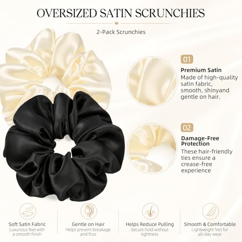 2 PCS Black Beige Jumbo Satin Silky Scrunchies 6.5 Inches Oversized Scrunchie Extra Large Big Hair Ties Ponytail Holder for Thick Curly Hair Women (Black, Beige) - color: Black, Cream