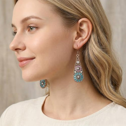 Bohemian Crystal Teardrop Dangle Earrings, Copper, Tribal Geometric Design, Handmade National Style for Women - color: Blue