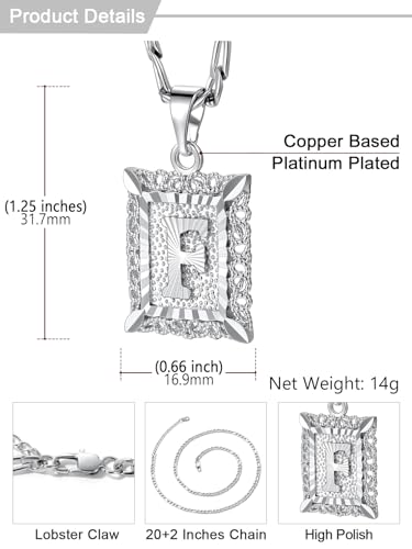 U7 Initial Letter Necklace for Men Women, 14K Gold/Silver Plated Square Capital Monogram Pendant Necklace from A-Z with 22+2 Inch Figaro Chain, Personalized Jewelry for Him - color: Silver, style: F