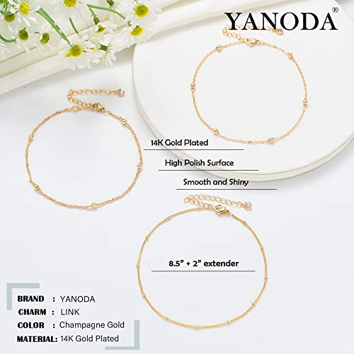 YANODA 3Pcs Gold Ankle Bracelets for Women Dainty 14k Gold Plated Layering Anklets Set Adjustable Fashion Link Chain Ankle Bracelet Adjustable Beach Foot Jewelry Gifts for Women - color: DA Bead+ Bead+Wave Bead
