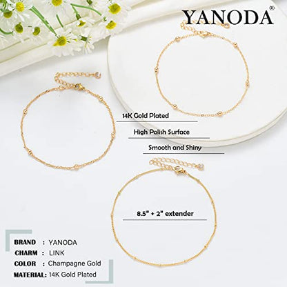 YANODA 3Pcs Gold Ankle Bracelets for Women Dainty 14k Gold Plated Layering Anklets Set Adjustable Fashion Link Chain Ankle Bracelet Adjustable Beach Foot Jewelry Gifts for Women - color: DA Bead+ Bead+Wave Bead