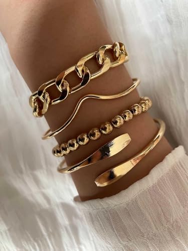 ÌF ME Gold Bangle Bracelets for Women, Indian Bangles Stackable Set, Multi Layer Textured 18K Gold Plated Chunky Bracelets Boho Jewelrys Set - style: beaded & Cuban