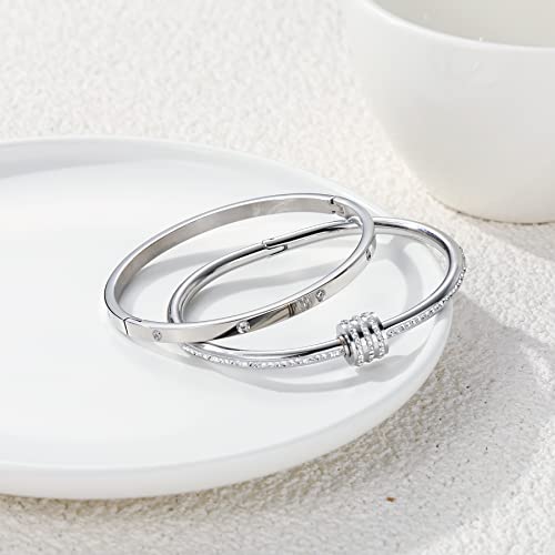Women's Stainless Steel Bracelet Gold Plated Cuff Bangle With Cube Zircon Hinge Jewelry oval Bangle Witness the Gift of Love - color: 4mm Silver 2pcs-A