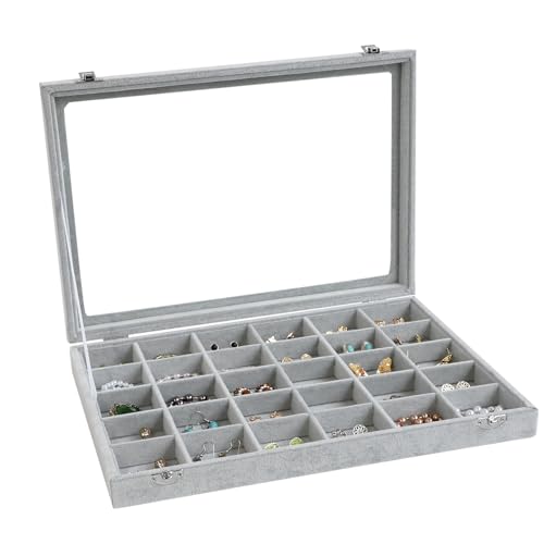 Wudygirl 30 Grid Jewelry Organizer Velvet Jewelry Box Jewelry Tray with Clear Lid Storage Case Showcase Display Stackable Removable (30 Grid) | 30 Grid Jewelry Organizer for Earrings, Perfect for Home Organization, Jewelry Display, Gift Giving, Dustproof