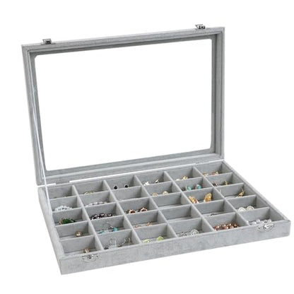 Wudygirl 30 Grid Jewelry Organizer Velvet Jewelry Box Jewelry Tray with Clear Lid Storage Case Showcase Display Stackable Removable (30 Grid) | 30 Grid Jewelry Organizer for Earrings, Perfect for Home Organization, Jewelry Display, Gift Giving, Dustproof