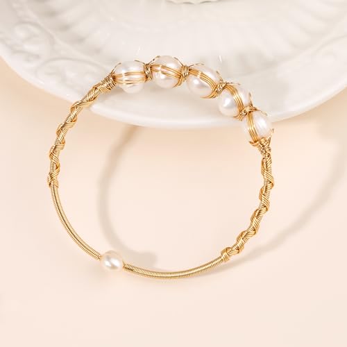 Pearls Bracelets for Women, Natural Freshwater Pearls Bracelets Jewelry Bangle, Lucky Jewelry for Mom Lover Her Diameter 1.96 ins Adjustable (14K Gold Plated)