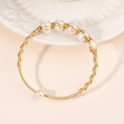 Pearls Bracelets for Women, Natural Freshwater Pearls Bracelets Jewelry Bangle, Lucky Jewelry for Mom Lover Her Diameter 1.96 ins Adjustable (14K Gold Plated)