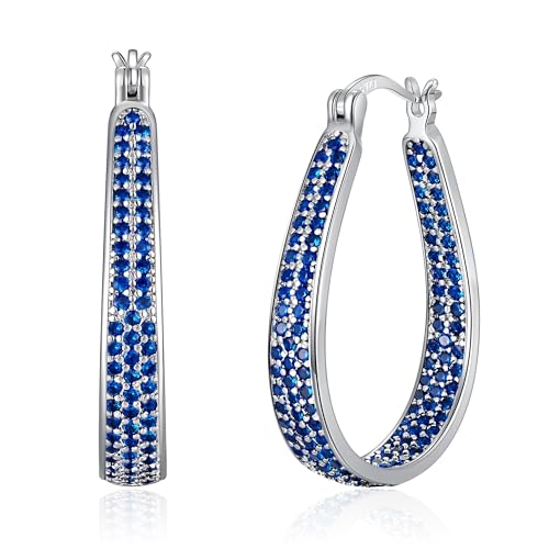 925 Sterling Silver Post Hoop Earrings for Women Gilrs Multcolors Cubic Zircon Hoops 14K Gold Plated Oval Chunky Hoop Earrings Jewelry Gift for Mothers Day/July 4th/Wedding/Party/Christmas - color: Navy blue
