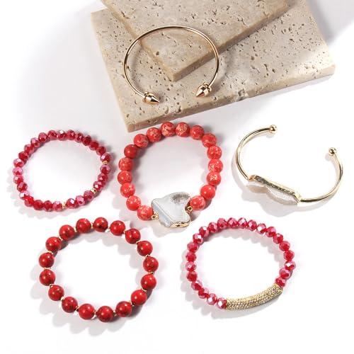 Yomisa 5PCS 6PCS Natural Boho Beaded Bracelets/Bangle for Women Men,Healing Turquoise Jasper Agate Crystal Gemstone Stone Chakra Multilayer Wrap Bohemian Handmade Jewelry Beads Stretch Bracelet Set - color: 6PCS-Red