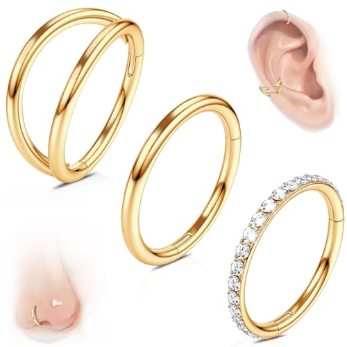 WYR 3Pcs Hypoallergenic Titanium Nose Rings for Women Men 16G 18G 20G | Black/Gold/Silver Seamless Septum Ring CZ & Double Hoop Clicker Conch Earrings Cartilage Piercing Jewelry 7mm 8mm 10mm - color: Gold, size: 20g 8mm