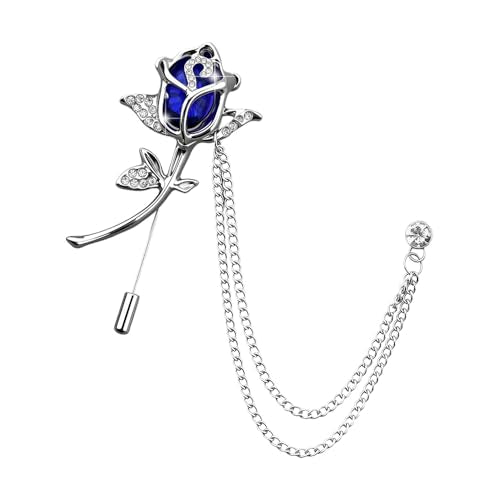 Crystal Rhinestone Flower Brooch Pin Rose Lapel Pins for Men Hanging Chain Brooch Suit Pin Mens Flower Lapel Pins for Suits - color: Blue