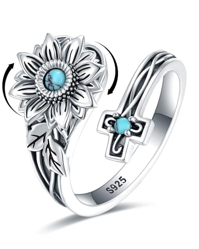 S925-Sterling-Silver Abalone Dragonfly-Turquoise Spoon Ring - Vintage Boho Sunflower Thumb Oxidized Wrap Rings Victorian Style Antique Floral Jewelry Gifts for Women - color: Sunflower Spoon Ring