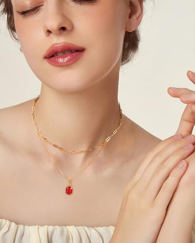 Gold Layered Necklaces for Women, 18k Gold Plated Crystal Necklace Paperclip Choker Emerald Green Jewelry for Women Gifts - color: Big Red