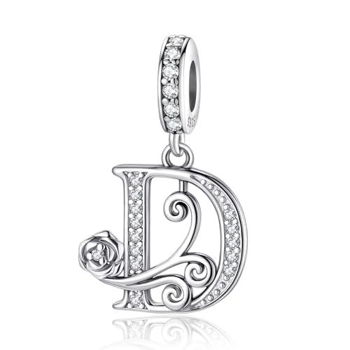 LNQOBU Complete A~Z Alphabet Charm Letter Beads, Solid 925 Sterling Silver with Cubic Stones Rose Alphabet Charm fits Pandora Bracelets Necklace Women Jewelry - color: CYT-D