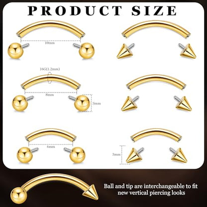 6PCS 16G G23 Titanium Eyebrow Piercing Jewelry for Women Curved Barbell Tiny Eyebrow Ring Vertical Labret Belly Lip Tongue Ring Internally Threaded Rook Tragus Daith Earring 6/8/10mm - color: Gold A