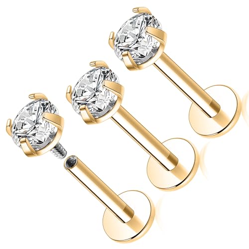 GAGABODY G23 Titanium 16G 6/8/10mm Clear CZ/Opal Internally Threaded Labret Monroe Lip Studs 6mm Helix Cartilage Tragus Earring Piercing - color: 16G-3Pcs-Gold-Length:8mm CZ:4mm