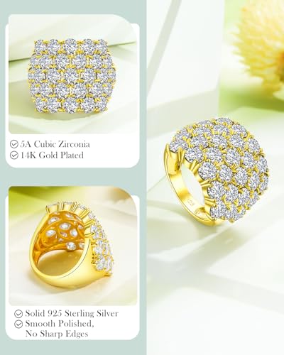 925 Sterling Silver Pave Birthstone Chunky Statement Rings for Women Men | 14K Gold Plated/Silver Large Dome Ring Birthday Cocktail Jewelry,Size 6 to 10(with Gift Box) - color: 04-CZ-14K Gold Plated-Apr.