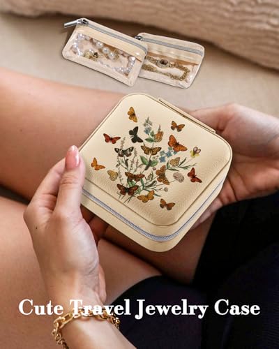 Bistup Travel Jewelry Case - Small Jewelry Organizers and Storage Box for Women Girls Teens Cute Traveling Jewelry Holder with Mirror Little Tiny Compact Flower Modern Unique Aesthetic Pretty - style: Buttefly Flower