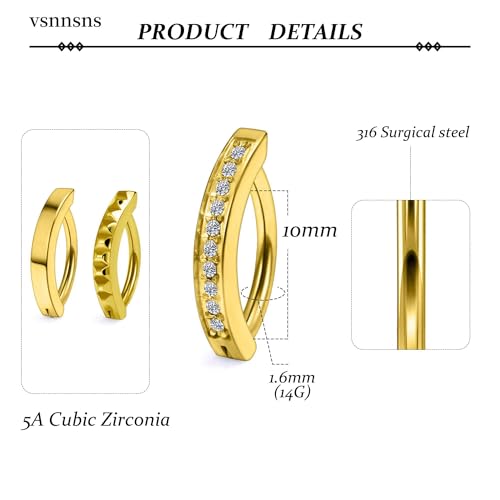 Vsnnsns 14G Clicker Belly Button Ring Piercing Jewelry 316L Stainless Surgical Steel Diamond CZ Navel Rings Clear CZ Clip Belly Button Ring Piercing Jewelry for Women Men 14 Gauge 10MM 12MM - color: 10MM-Gold