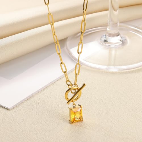 Diamond Necklaces for Women Natural Stone Paperclip Toggle Necklace 14K Gold Plated Emerald Birthstone Necklace for Women Paper Clip Chain Blue Green Cubic Zirconia Pendant Birthday Gifts for Women Mother Jewelry - color: 11. November(Citrine)