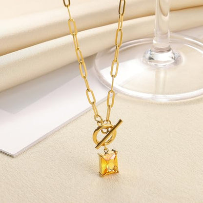 Diamond Necklaces for Women Natural Stone Paperclip Toggle Necklace 14K Gold Plated Emerald Birthstone Necklace for Women Paper Clip Chain Blue Green Cubic Zirconia Pendant Birthday Gifts for Women Mother Jewelry - color: 11. November(Citrine)
