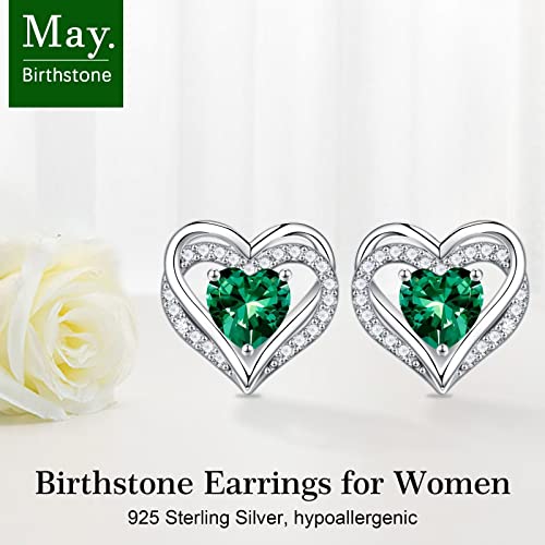 Iefil Birthstone Earrings for Women - 925 Sterling Silver Heart Stud Earrings Birthday Gifts for Women - color: 05-May-Created Emerald