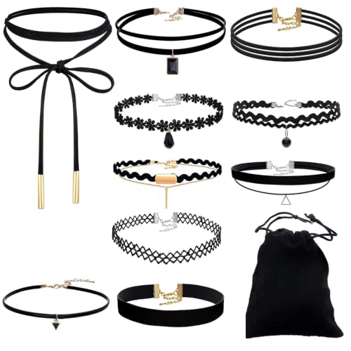 Black Choker Necklaces for Women, 10PCS | Black Lace, Adjustable, Classic Gothic Tattoo Style