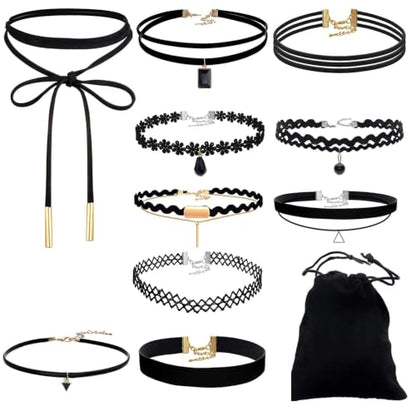 Black Choker Necklaces for Women, 10PCS | Black Lace, Adjustable, Classic Gothic Tattoo Style
