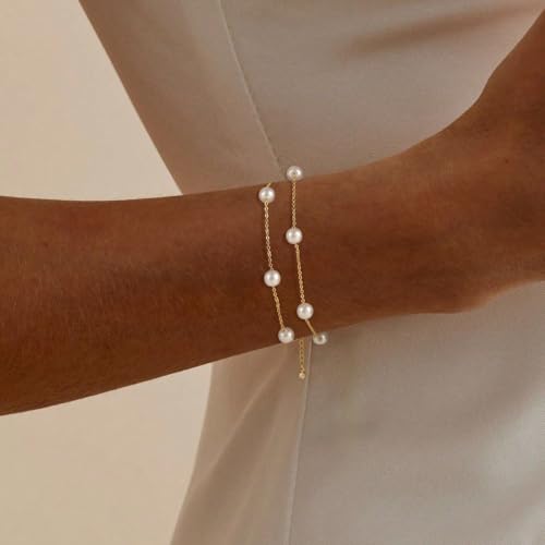NECOCY 14K Gold Plated Pearl Bracelets for Women, Dainty Bracelets Stack Trendy Pearls Beaded Link Chain Charm Bracelets Set Layered Tiny Wedding Prom Jewelry Gift for Women Mother's Day Graduation - style: Style-2-Gold