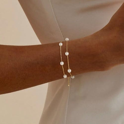 NECOCY 14K Gold Plated Pearl Bracelets for Women, Dainty Bracelets Stack Trendy Pearls Beaded Link Chain Charm Bracelets Set Layered Tiny Wedding Prom Jewelry Gift for Women Mother's Day Graduation - style: Style-2-Gold