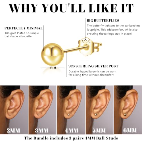 JEMARA Sterling Silver Stud Earrings for Women Pearl Earrings Non Tarnish | Hypoallergenic 925 Sterling Silver Pearl Cubic Zirconia Studs Set Trendy Earrings for Sensitive Ears 6 Pairs - color: 3Pairs 4mm Ball-Gold