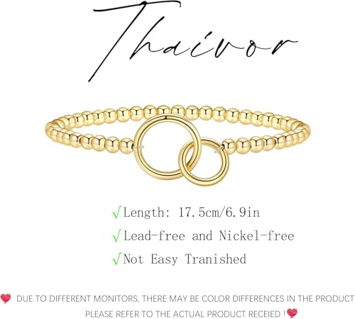 Beaded Bracelets for Women 14K Silver Gold Plated Stretch Handmade Ball Bracelets Cute Charm Bracelet Dainty Stackable Cross Heart Bow Wave CZ Circle Trendy Jewelry Easter Gifts - color: double-circle