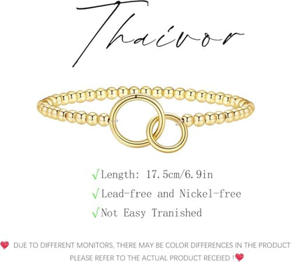 Beaded Bracelets for Women 14K Silver Gold Plated Stretch Handmade Ball Bracelets Cute Charm Bracelet Dainty Stackable Cross Heart Bow Wave CZ Circle Trendy Jewelry Easter Gifts - color: double-circle