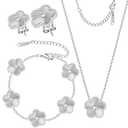 Clover Jewelry Set 3 PC - 18K Gold Plated Stainless Steel Y Necklace Four Leaf Pendant, Clover Link Bracelet Charm, Flower Earrings, Hypoallergenic Non-Tarnish,Simple Luxury Lucky Gifts for Women - color: Silver